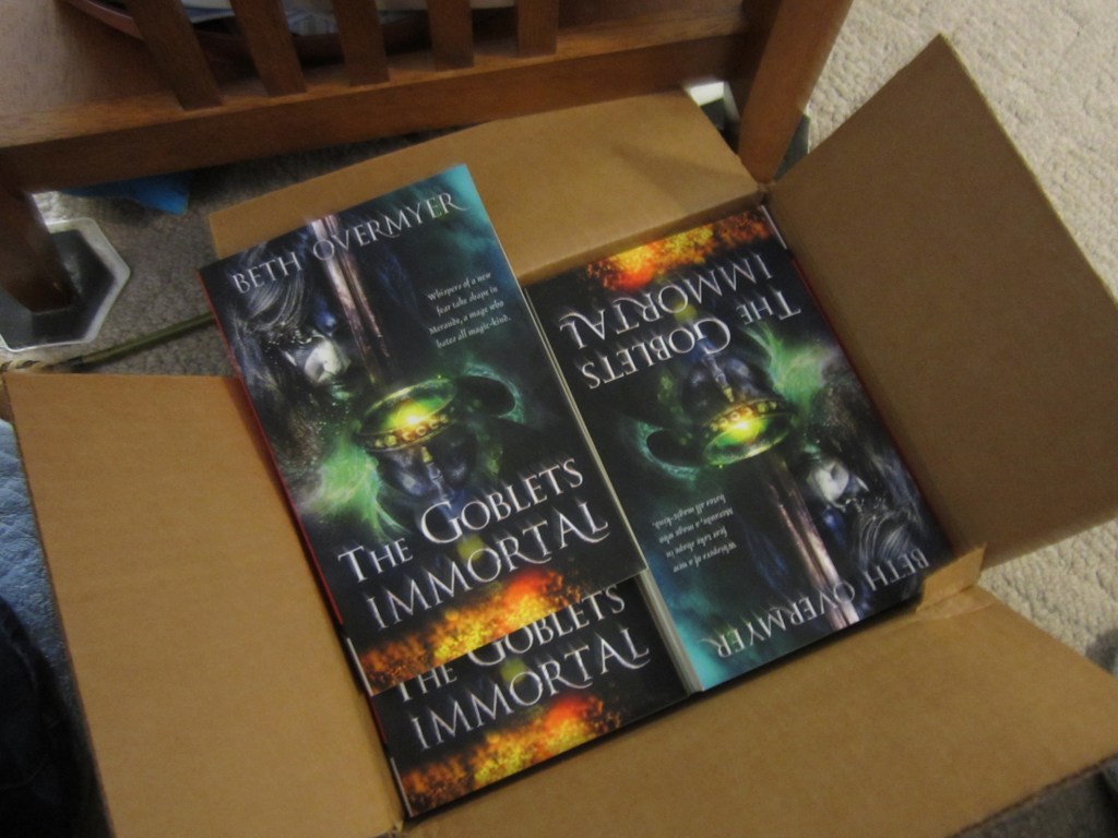 Picture of a cardboard box containing several copies of THE GOBLETS IMMORTAL.