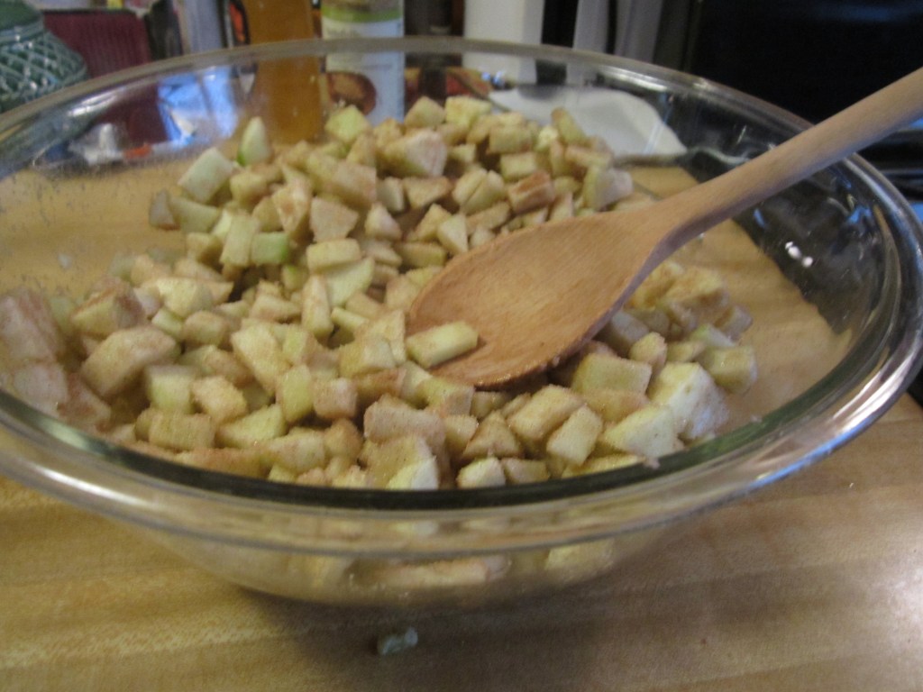 A mixing bowl full of chopped and spiced apples.