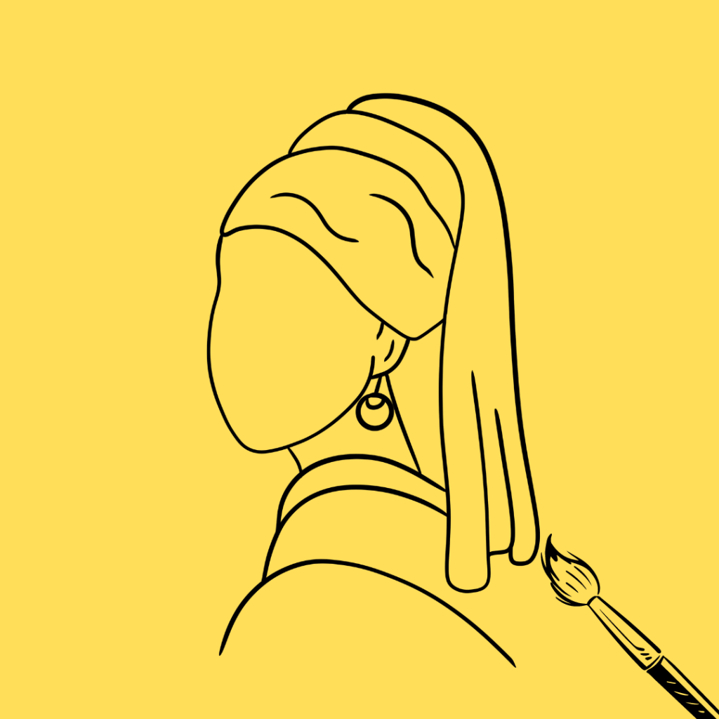 An outline of GIRL WITH A PEARL EARRING against a cheerful yellow background. A paintbrush sits in the corner of the image.